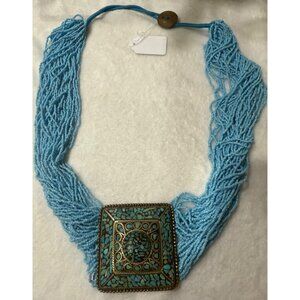 Handmade Turquoise Beaded Necklace With Mosaic Pendant & Vintage Coin Closure